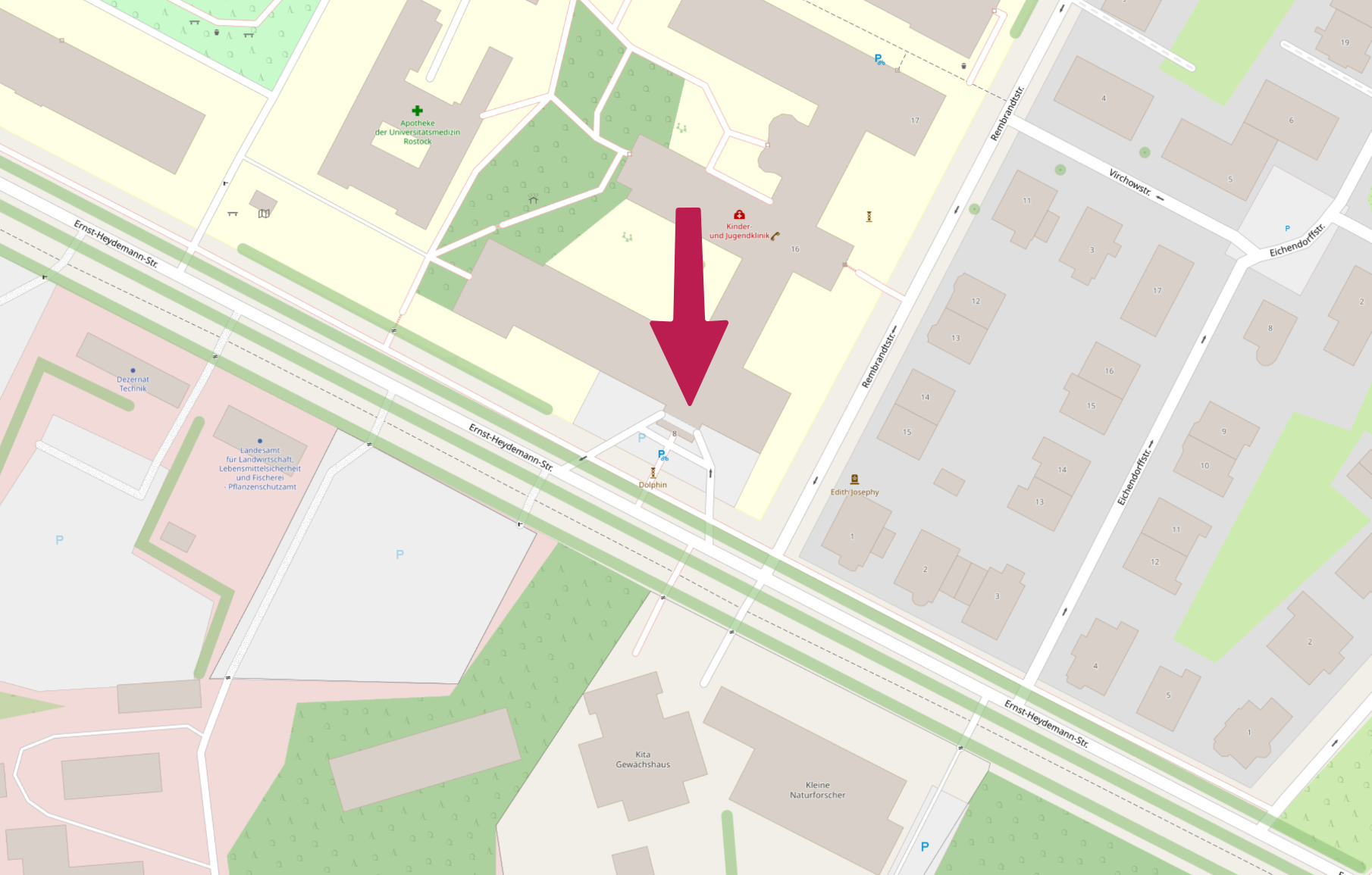 Karte zur Kinder- und Jugendklinik Rostock, Ernst-Heydemann-Straße 8