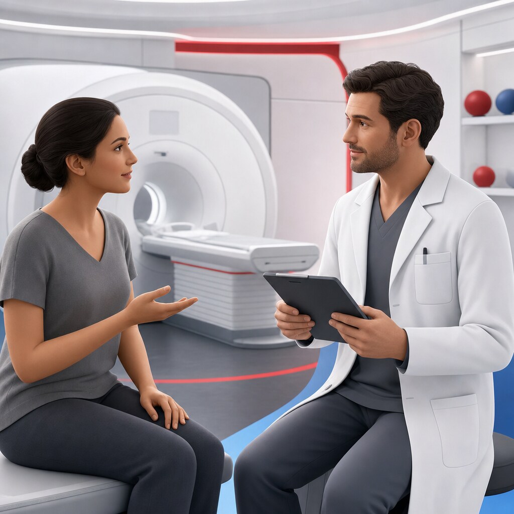 Patient im Gespräch mit einem Arzt beim Sicherheitscheck