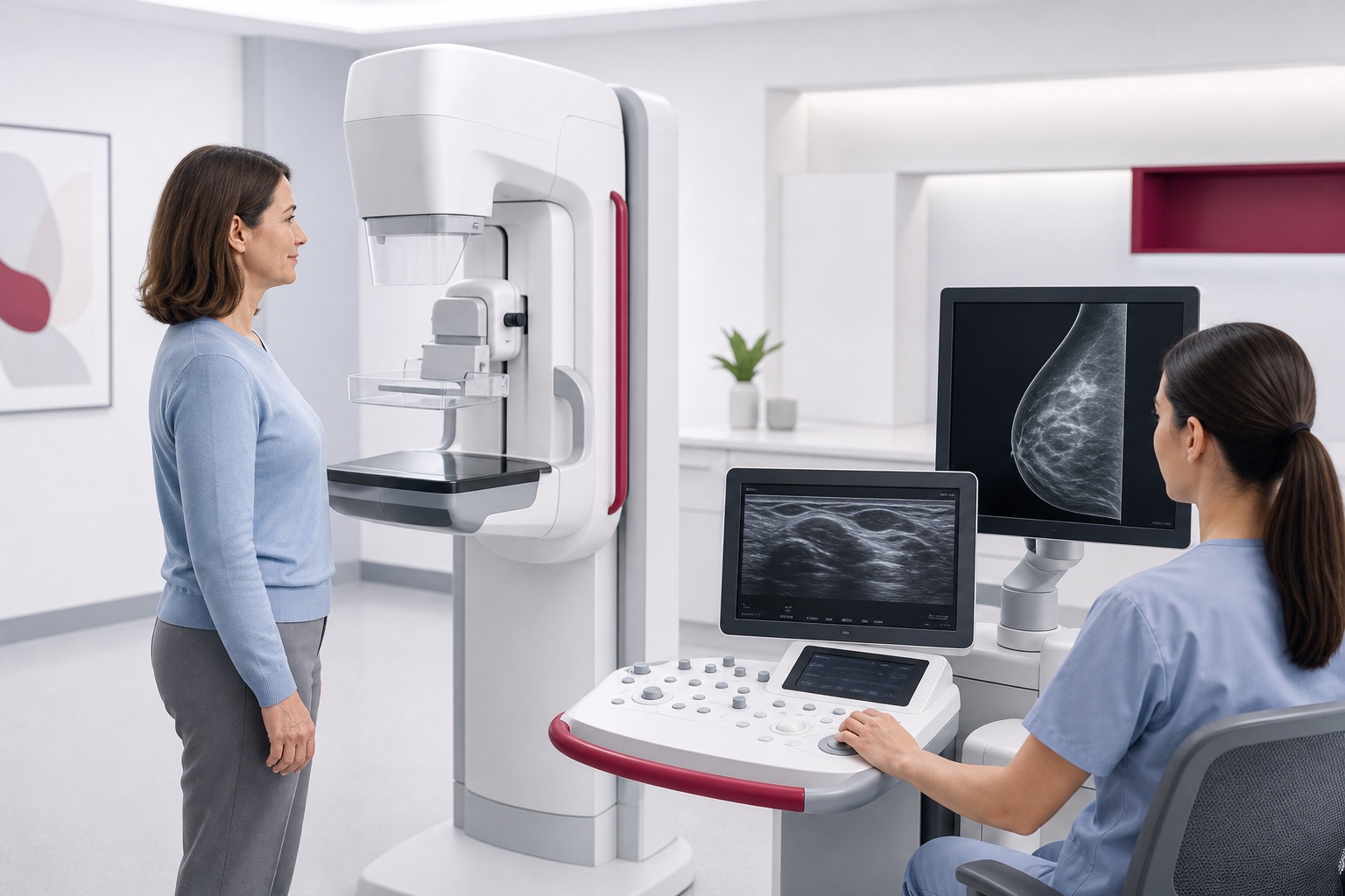 Diskrete Illustration eines Mammographie-Untersuchungsraums mit bekleideter Patientin, Mammographiegerät und MTR am Monitor