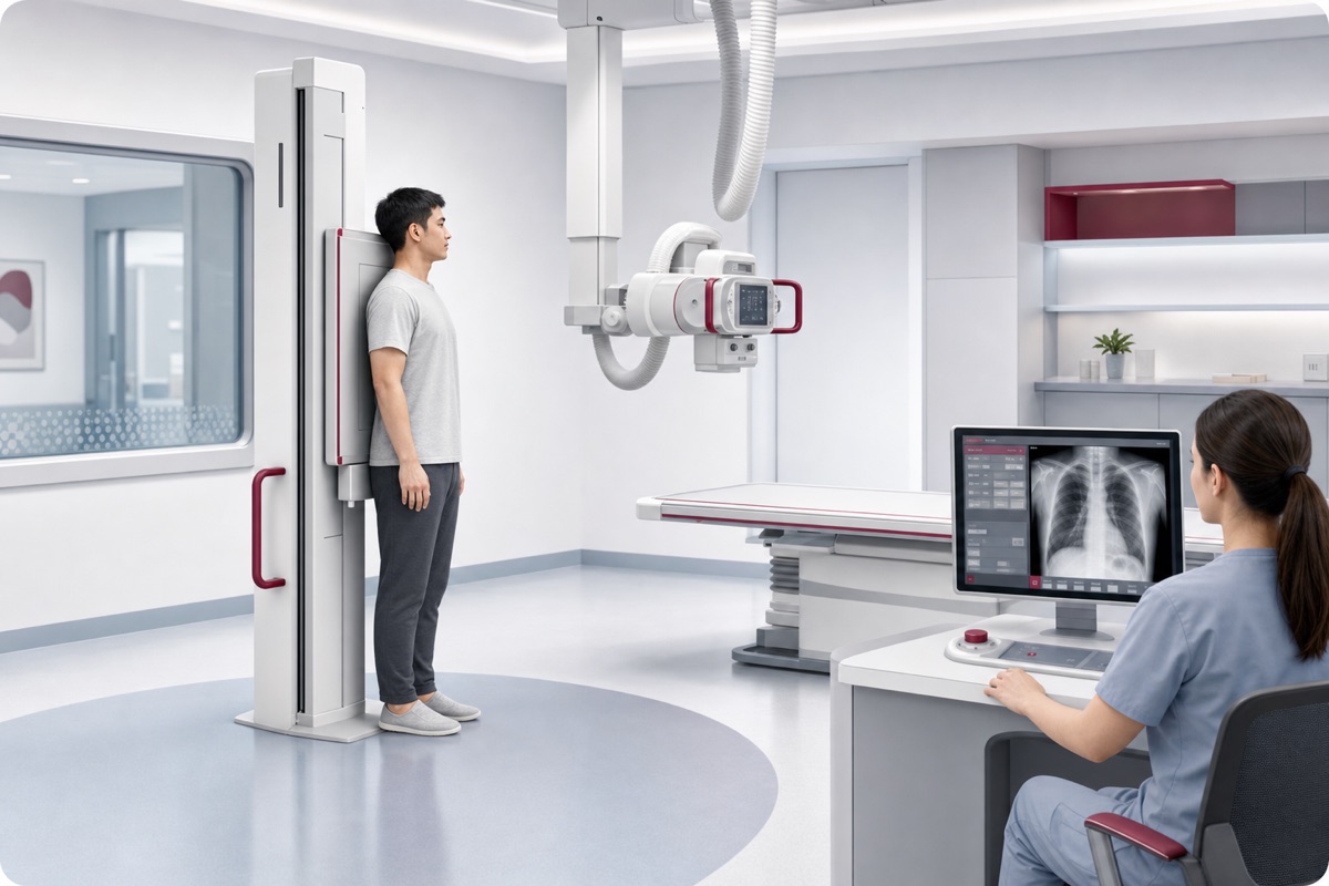 Digitaler Röntgenraum mit Patient am Wanddetektor und MTR am Monitor
