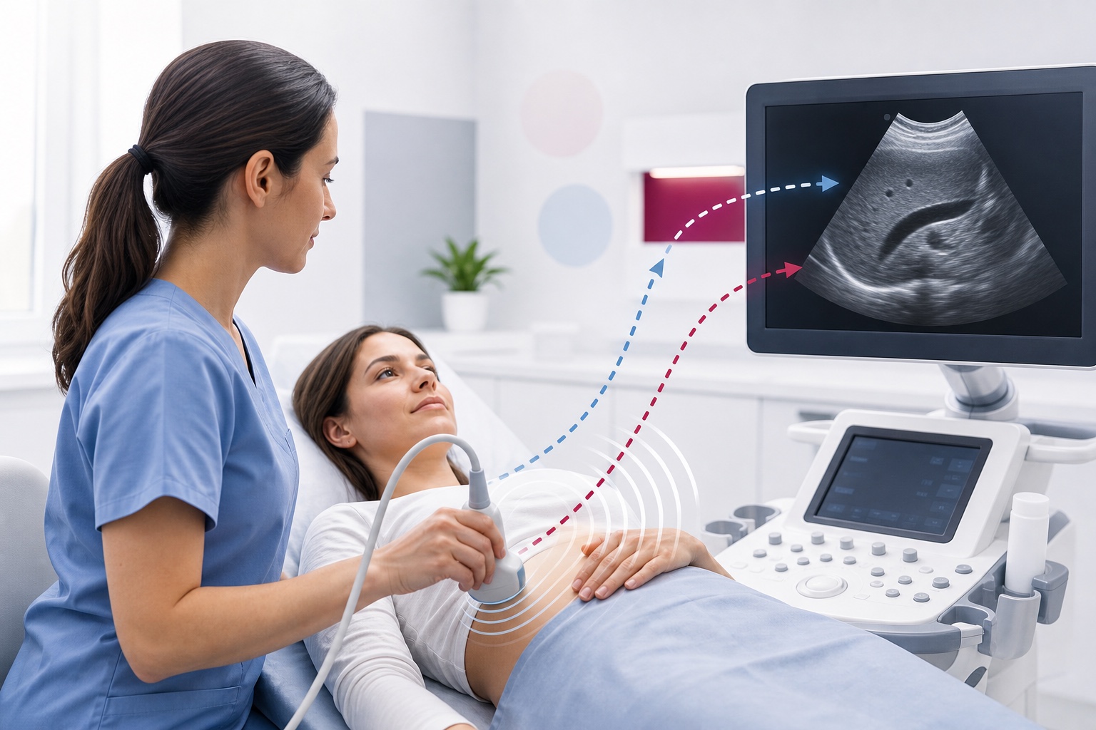Schema einer Sonographie mit Schallkopf am Bauch, Schallwellen und Live-Bild am Monitor